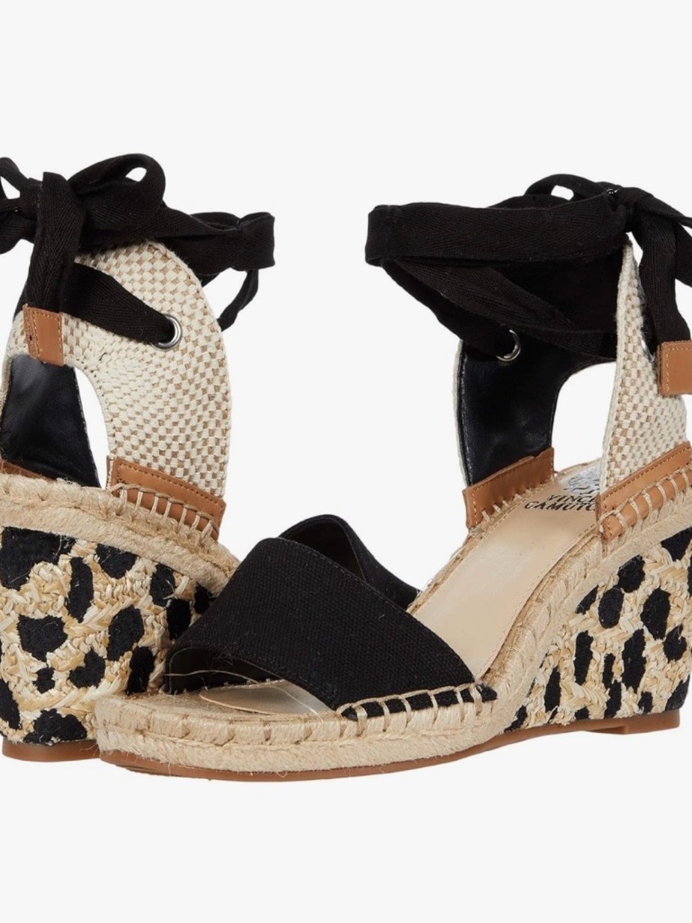 Vince Camuto Black and Leopard Espadrille Wedge Sandals